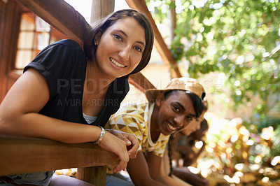 Buy stock photo Portrait, girl and friends with nature, park and summer with weekend break and bonding together. Face, people or teenagers with fun or development camp with vacation or holiday with sunshine or relax