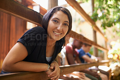 Buy stock photo Friends, portrait and girl with smile, park and sunshine with weekend break and youth development camp with fun. Face, people or group with vacation or summer with holiday and cheerful with happiness