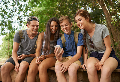 Buy stock photo Friends, smile and phone for social media in forest, together and support outdoors. People, nature and group of teens on jetty for bonding, internet and app or website for funny meme or conversation
