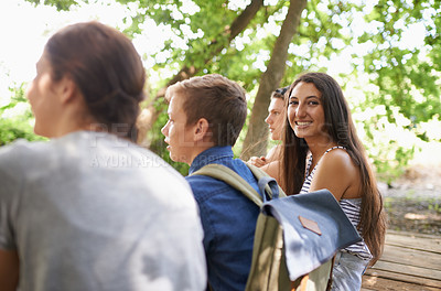 Buy stock photo Friends, girl and portrait in nature, together and social for support in treehouse. Happy female person, park and group of teens outdoors for bonding, woods and unity in forest on summer holiday