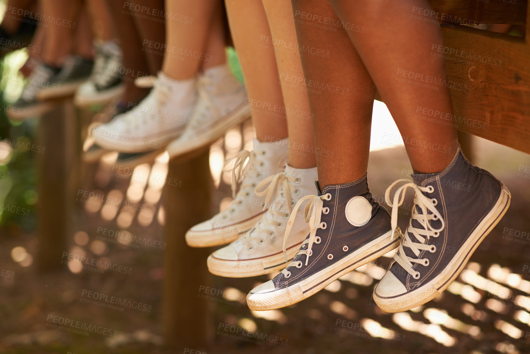 Buy stock photo People, feet and sneakers outdoor in nature for friends connection or explore forest, bonding or travel. Group, shoes and relax vacation in Australia for woods adventure or resting, holiday or calm