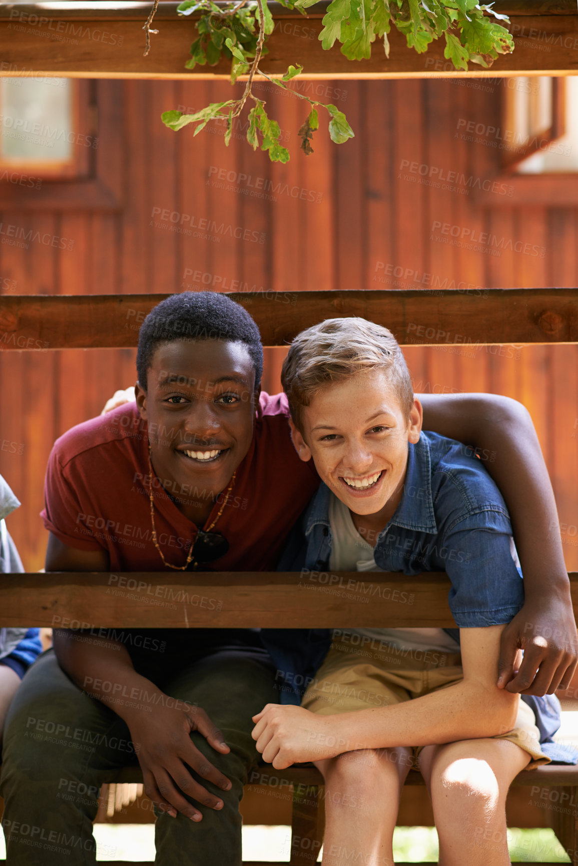 Buy stock photo Friends, summer camp and portrait of boy teenagers on holiday, adventure or vacation by outdoor cabin. Freedom, travel and young people on weekend trip together for bonding sitting by house.