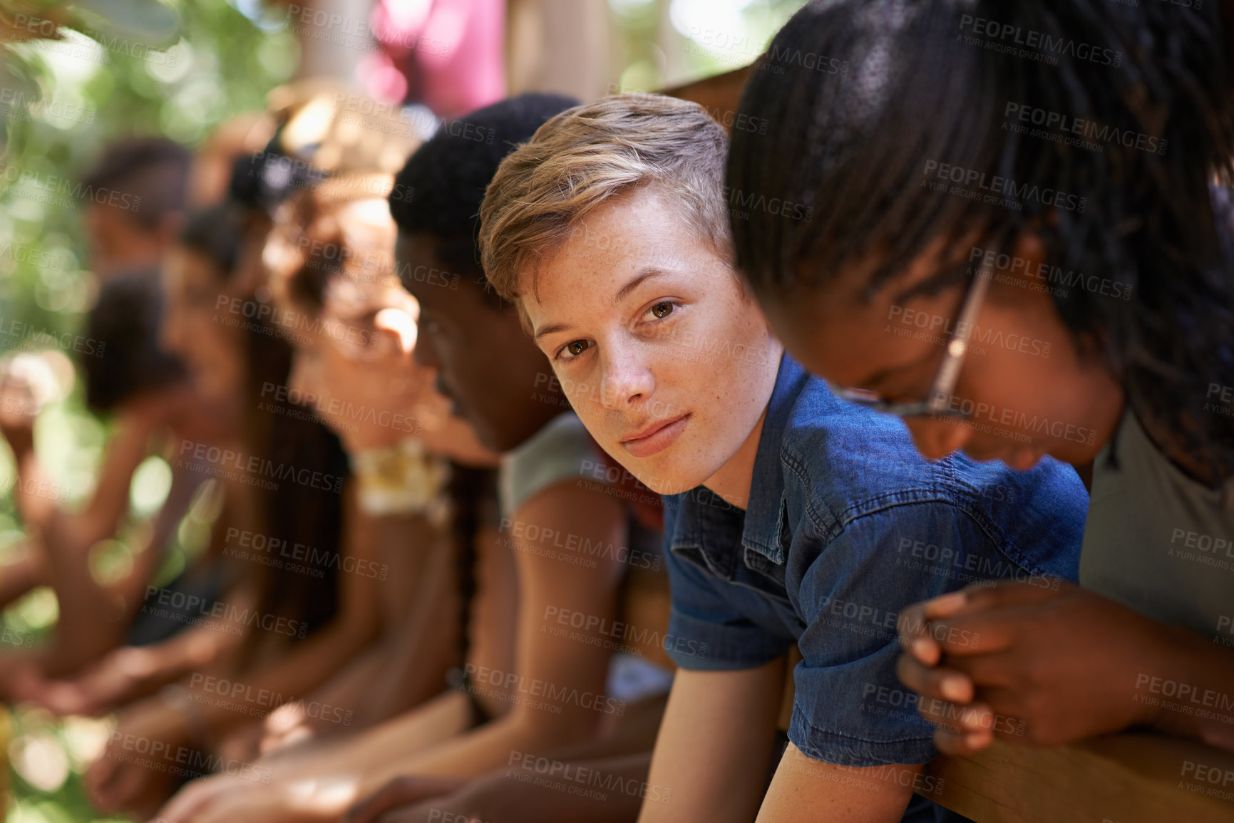 Buy stock photo Friends, boy and portrait at camp, together and social for support in treehouse. Male person, nature and group of teens outdoors for bonding, team building and unity in forest on summer holiday