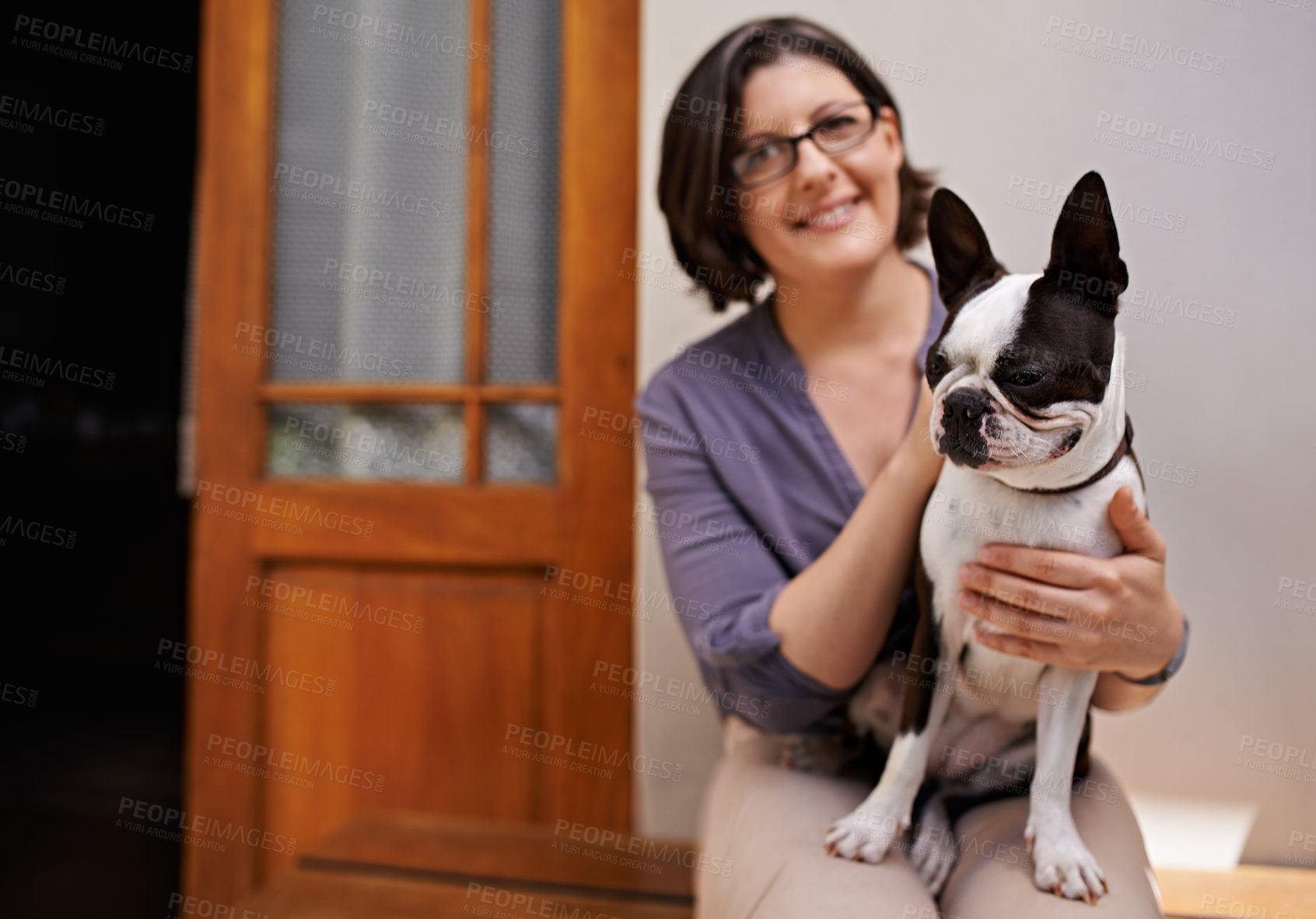 Buy stock photo Portrait, mature woman and smile with dog, happiness and relax with pet in home and outdoor. Summer, house and female person together with animal for love, care and support with loyalty on bench
