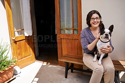 Buy stock photo Porch, portrait and mature woman with dog, smile and happiness for pet outdoor of home to relax. Summer, house and female person together with animal for love, care and support with loyalty on bench