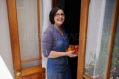 Buy stock photo Portrait, smile and woman with tomatoes in doorway of home for agriculture, farming or sustainability. Farmer, gardening and growth with happy mature person in apartment greenhouse for diet or health