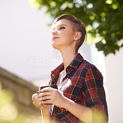 Buy stock photo Woman, smile and thinking in garden with coffee for fresh air, peace and ideas for day in morning. Relax, summer and thoughtful female person with mug for stress relief, wellness or nature enjoyment