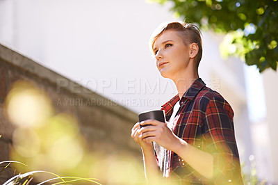 Buy stock photo Relax, coffee and woman in garden with thinking for idea, fresh air and planning for day in morning. Summer, nature and female person outside home with smile for sunshine, stress relief and peace