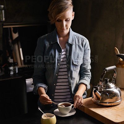 Buy stock photo Morning, tea and woman in kitchen prepare drink for calm break and routine process in home. Healthy, matcha or person in house with breakfast beverage to start day on holiday or vacation and relax