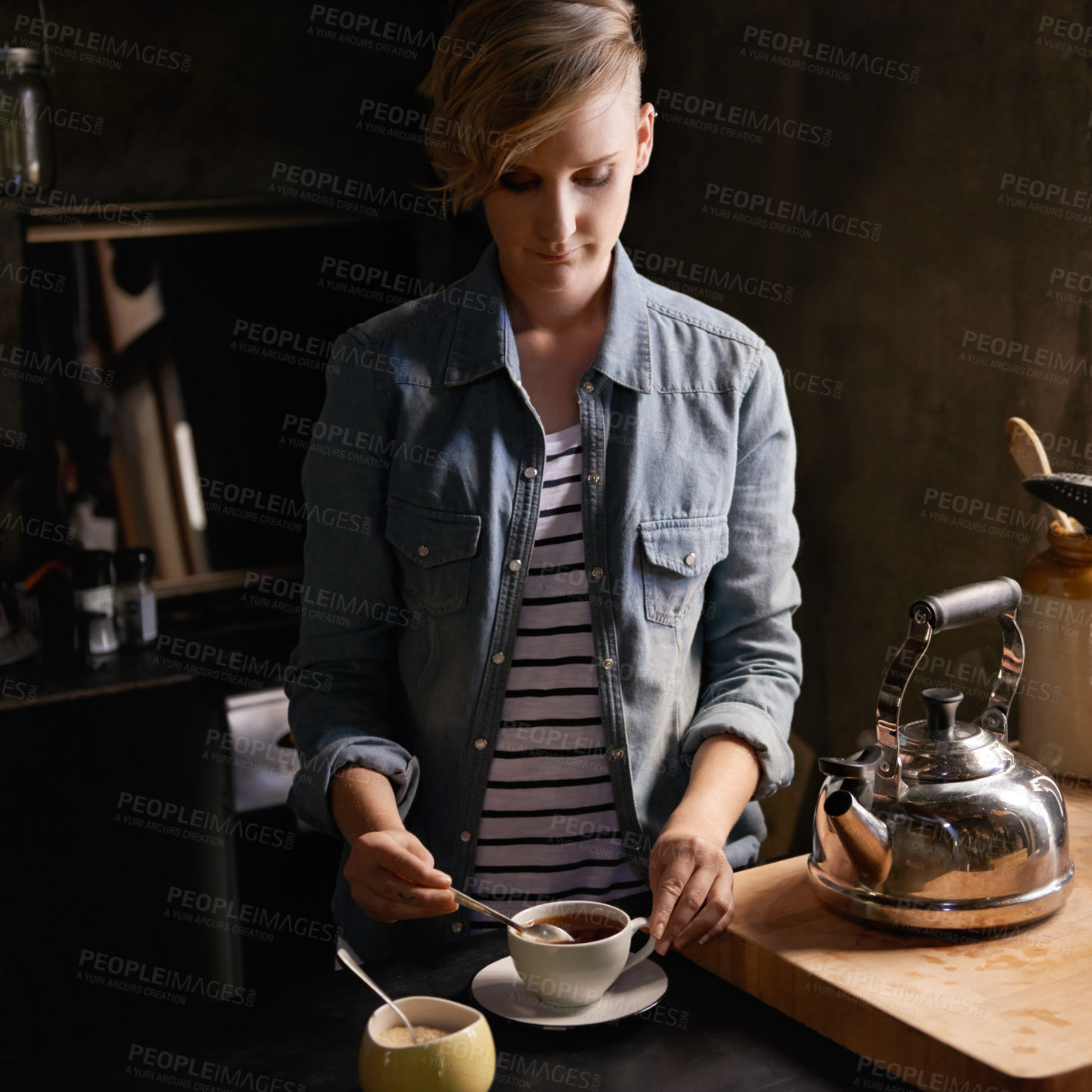 Buy stock photo Morning, tea and woman in kitchen prepare drink for calm break and routine process in home. Healthy, matcha or person in house with breakfast beverage to start day on holiday or vacation and relax