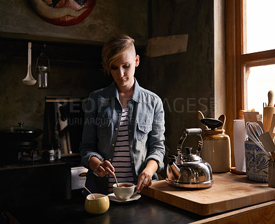 Buy stock photo Morning, tea and woman in kitchen prepare drink for calm break and routine process in home. Healthy, matcha or person in house with breakfast beverage to start day on holiday or vacation and relax