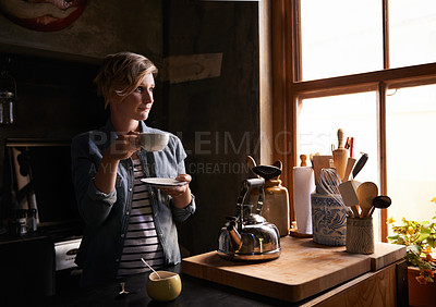 Buy stock photo Morning, tea and woman in kitchen thinking with drink on calm break and routine in home. Matcha, coffee or person in house start holiday or vacation with ideas for future or relax with espresso latte