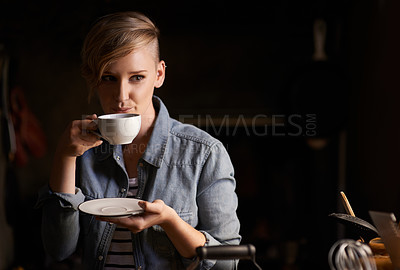 Buy stock photo Morning, coffee and woman in kitchen thinking with drink on calm break and routine in home. Matcha, tea or person in house start holiday or vacation with ideas for future or relax with espresso latte
