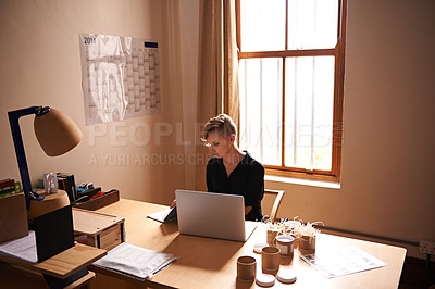 Buy stock photo Workspace, businesswoman and laptop in home office with confidence, above and freelancer with productivity. Professional, editor and writing a book in remote work and computer for online research