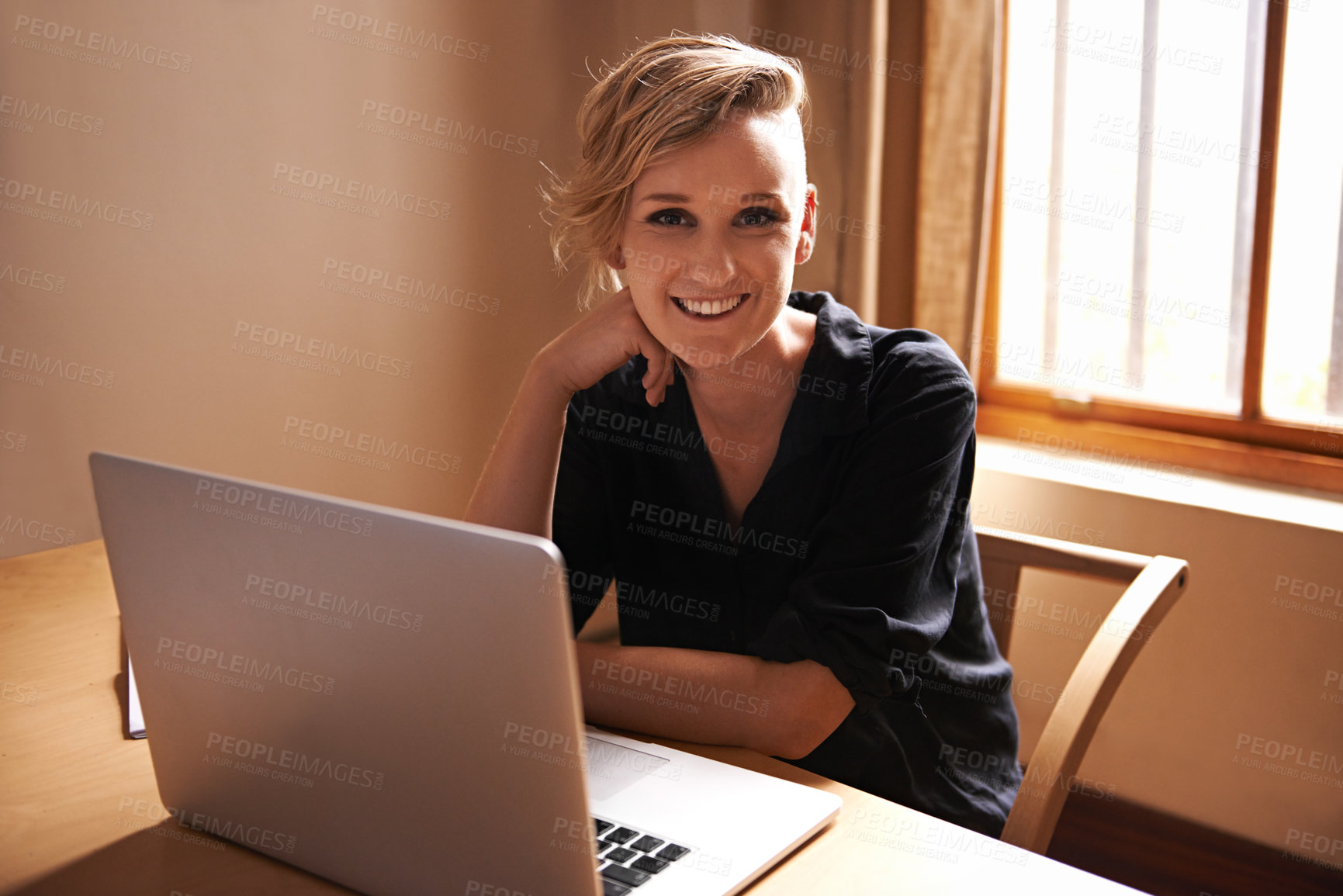 Buy stock photo Portrait, business woman or laptop for remote work with confidence, technology or freelancer in home office. Person, editor or happy face with computer by workspace and connection or online research