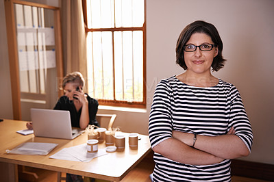 Buy stock photo Portrait, business woman and confident in home office with productivity, arms crossed and freelancing. Face, entrepreneur or pride for remote work or professional or collaboration in startup company