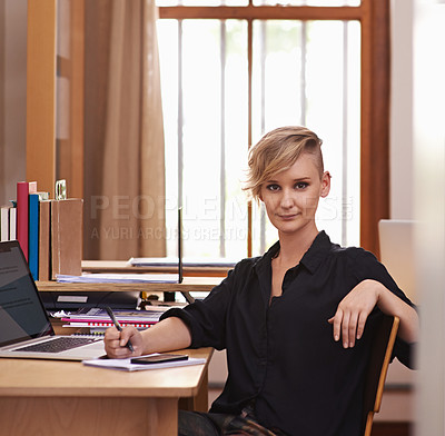 Buy stock photo Portrait, businesswoman and technology in home office with confidence, notes and freelancer with productivity. Face, editor and pride with cellphone and laptop for connectivity and online research