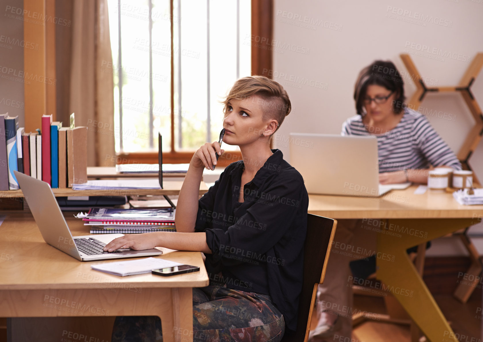 Buy stock photo Thinking, laptop and woman student in library for studying, planning and brainstorming for assignment. Ideas, question and female person working on research for test or exam at university campus.