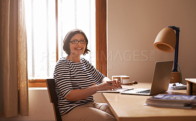 Buy stock photo Portrait, businesswoman and positive in home office with confidence, laptop and freelancer with notes for project. Face, entrepreneur and smile for wellness and online research in startup company