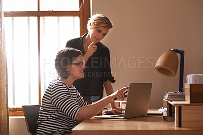 Buy stock photo A cropped shot of two focused women working together in a home office