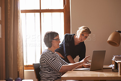 Buy stock photo Collaboration, laptop and meeting with business women in office together for planning or email. Computer, teamwork and problem solving with designer people in creative startup for discussion