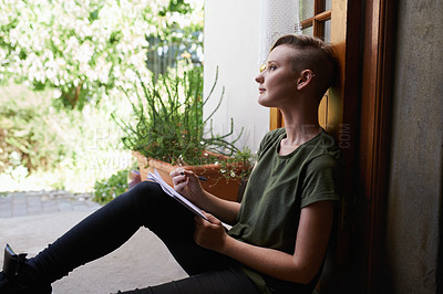Buy stock photo Woman, writing notes and thinking on floor in home for brainstorming, reflection and serious by garden. Dream, notepad and student with creative ideas, inspiration and planning to do list on journal