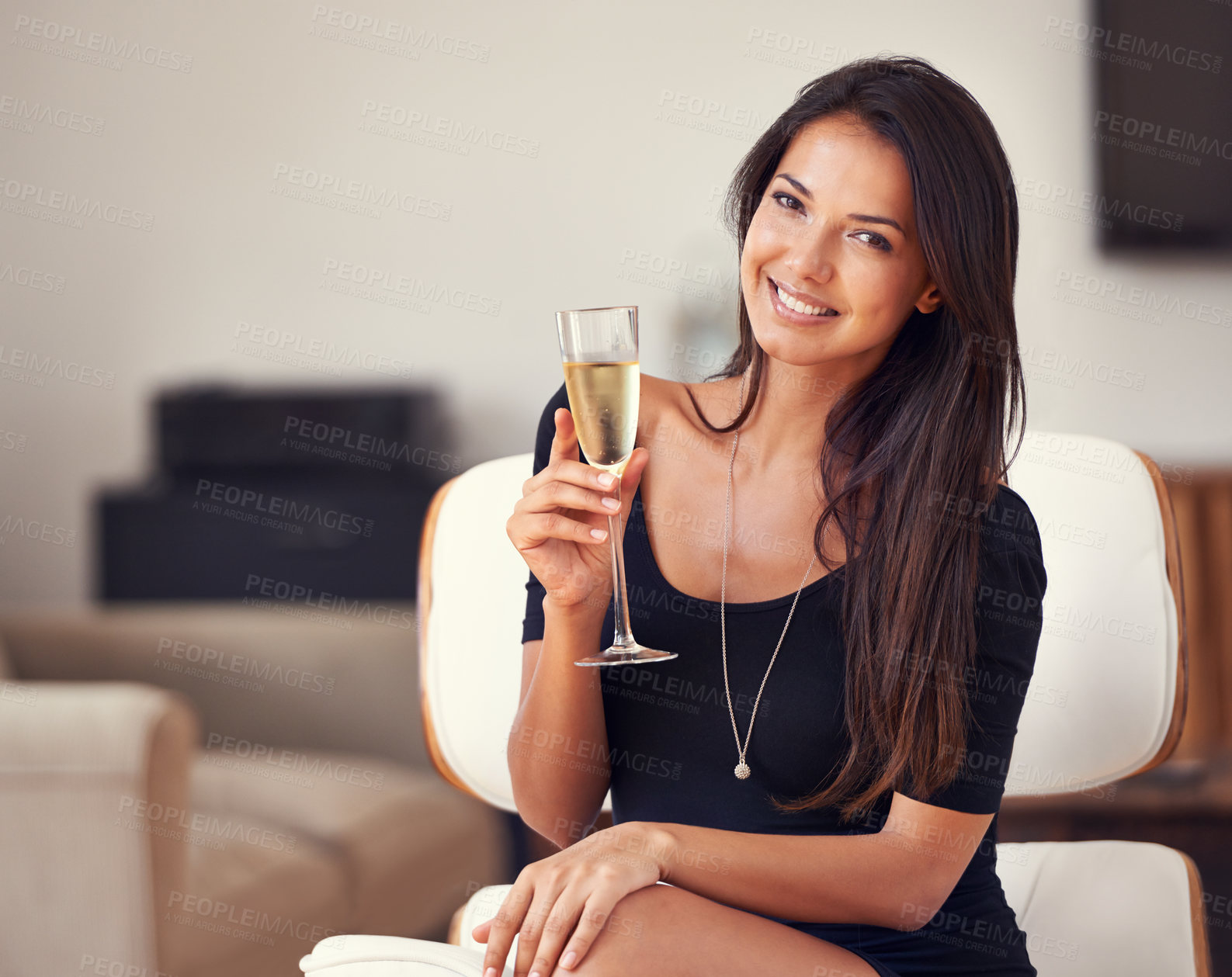 Buy stock photo Relax, portrait and woman smile with champagne for luxury or leisure, elegant and unwind for weekend holiday. Female person, toast or cheers with glass or wine, enjoy and celebrate on classy vacation
