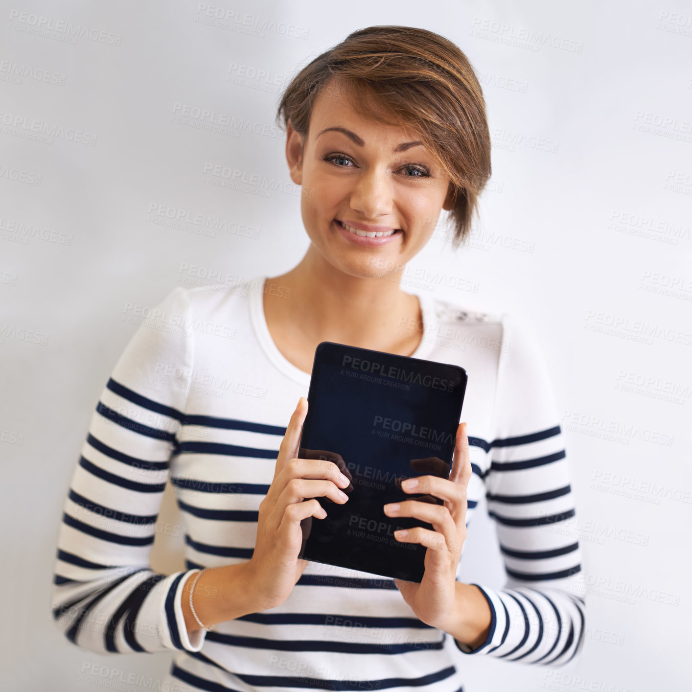 Buy stock photo Teen, studio or portrait with tablet, screen and face for social media or communication. Girl, app and smile with technology, online connection or internet message isolated on white background