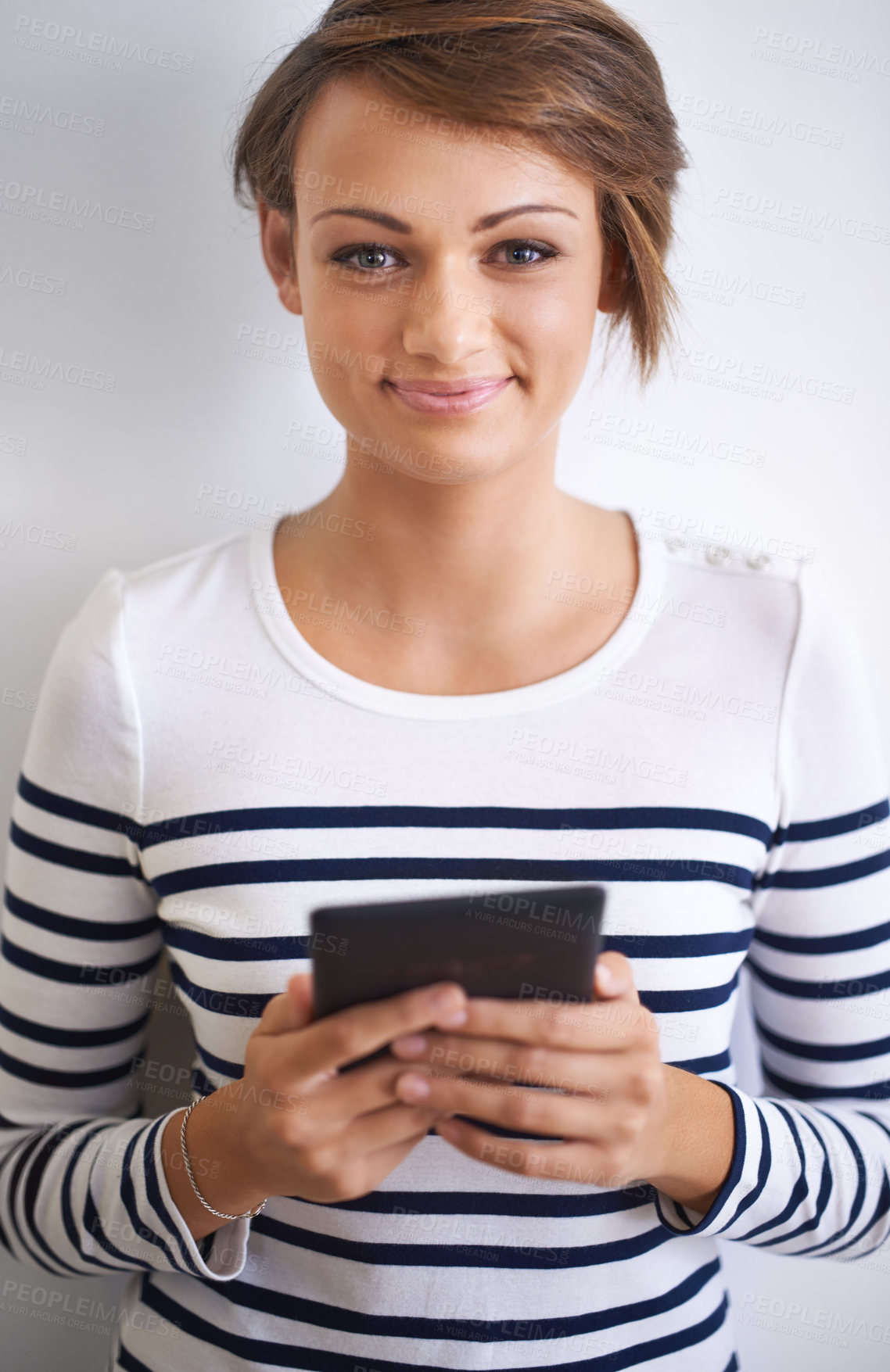 Buy stock photo Woman, studio or portrait with tablet, happy and face for social media or communication. Girl, tech and smile with technology, online connection or internet message isolated on white background