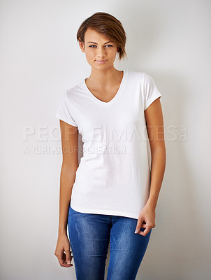 Buy stock photo Portrait, fashion and smile with natural woman in studio on white background for casual or relaxed style. Model, happy and clothing with confident young person in trendy clothes outfit for chic