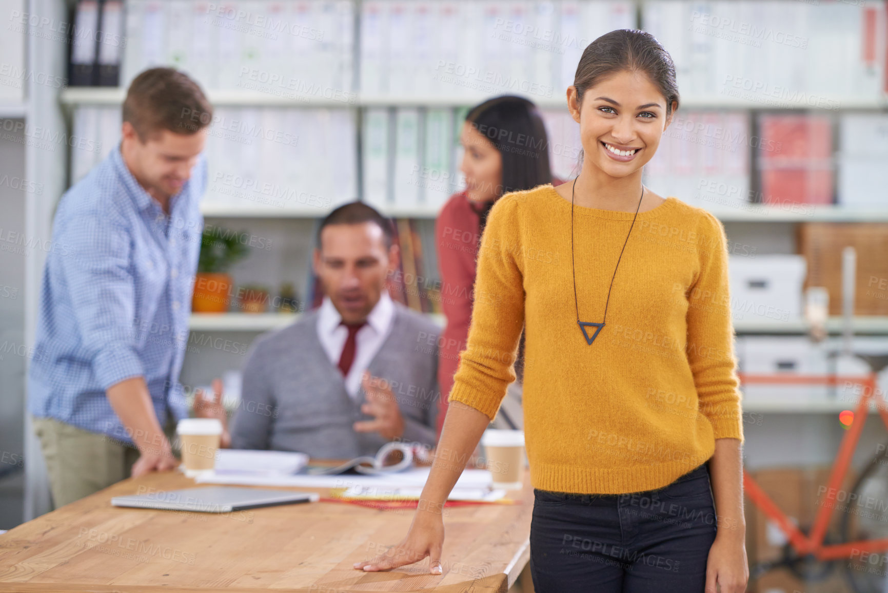 Buy stock photo Portrait, smile and business woman in design office boardroom for collaboration, meeting or planning. Company, creative and team with happy young employee in workplace for startup discussion