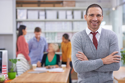 Buy stock photo Businessman, arms crossed and portrait in office with smile for presentation or meeting with confidence. Male person, entrepreneur and corporate at work professional or formal outfit in boardroom