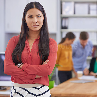 Buy stock photo Creative, portrait and confident woman at work for startup company or agency, plan and designer for advertising business. Female person, arms crossed and employees, proud and together for teamwork.