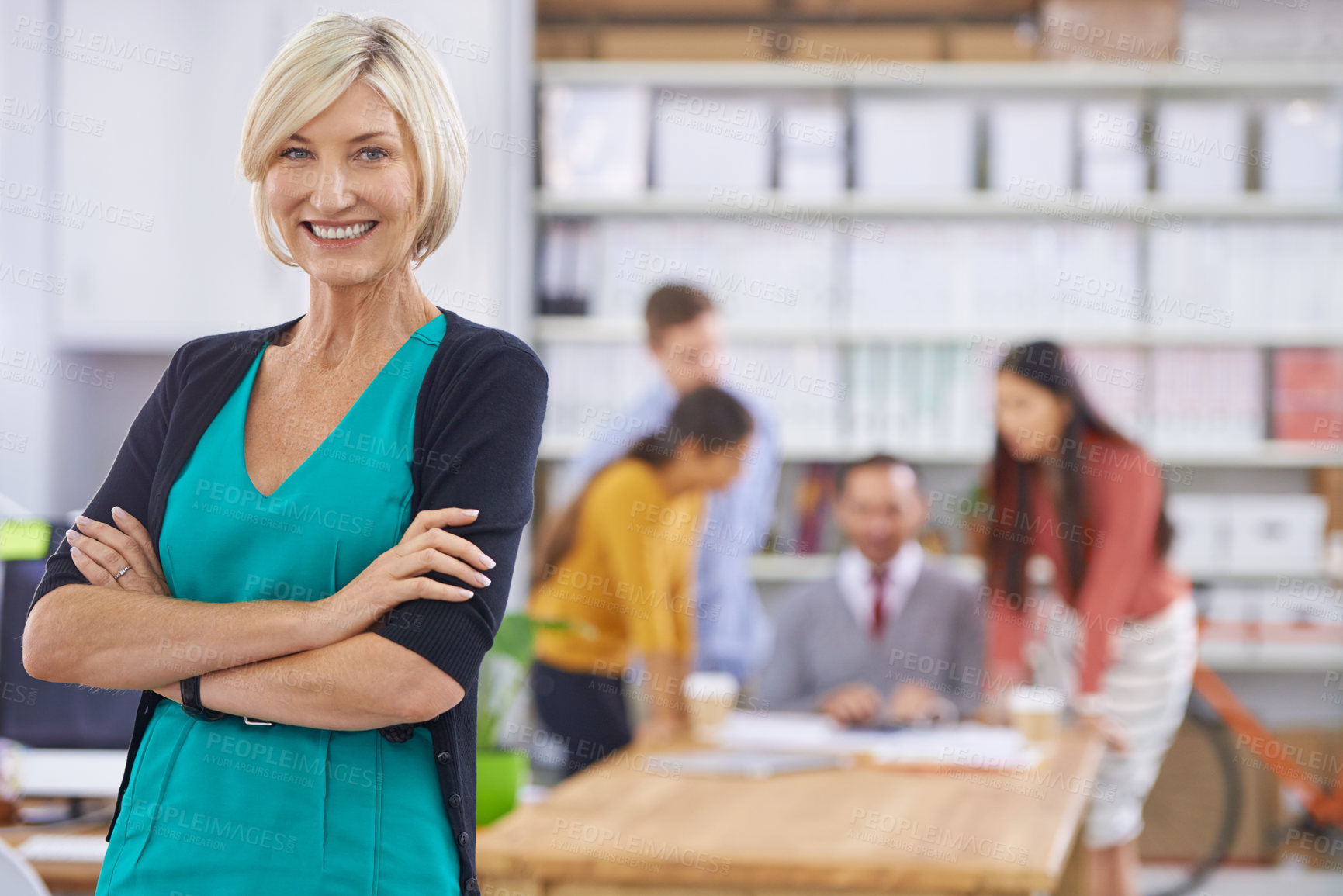 Buy stock photo Businesswoman, arms crossed and portrait in office with smile for presentation or meeting with confidence. Mature person, entrepreneur and corporate at work professional or formal in boardroom