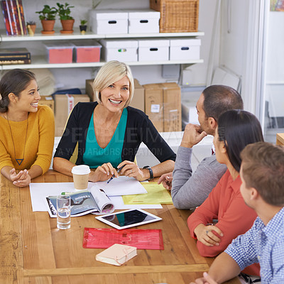 Buy stock photo Startup, leadership and senior woman in business meeting for planning, collaboration and strategy in office. Happy manager, tablet and diverse group of people for discussion, idea or teamwork