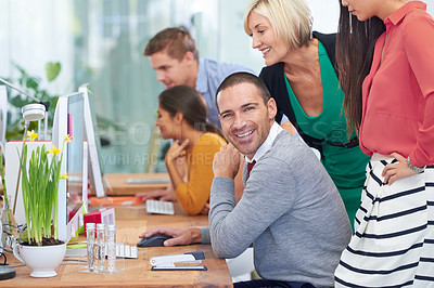 Buy stock photo Businessman, computer and portrait for colleagues and collaboration, office and teamwork on plan. Coworkers, happy and reading information on website, together and support for proposal or report