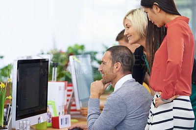 Buy stock photo Business people, computer and discussion for collaboration on plan, office and teamwork on project. Colleagues, happy and reading information on website, together and support for proposal or report