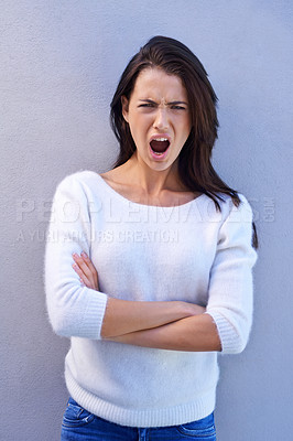 Buy stock photo Studio, portrait and woman feeling offended, shocked and angry with emotion and confused by news. Blue background, female person and girl with question of why with arms crossed and surprised
