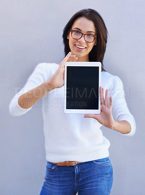 Buy stock photo Portrait, smile and woman with tablet to show, technology and screen of mobile for advertising. Happiness, female person and girl with digital device for connection to internet for website or app