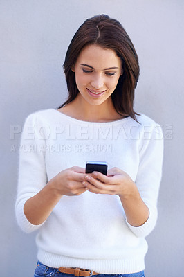 Buy stock photo Happy, woman and smartphone typing, smile of female person on social media for browsing and information search. Internet, online reading and web connection for communication and technology device