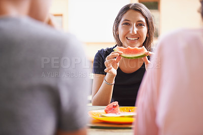 Buy stock photo Portrait, teenager and girl smile for watermelon with friends eating for breakfast in morning. Spring, outdoor and female person in cafeteria with classmates for break with fruit as healthy food