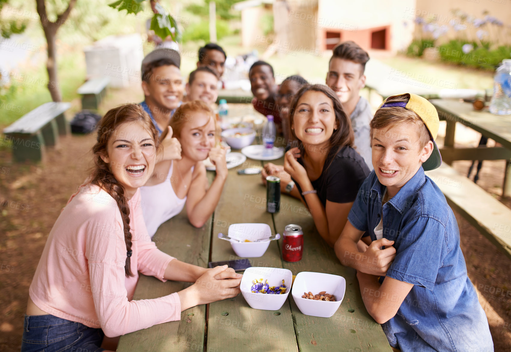 Buy stock photo Shot of a group of teenagers having a picnic at a table in the park