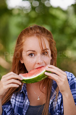 Buy stock photo Portrait, healthy and girl eating watermelon with fruit in morning for breakfast and outdoor. Spring, park and female person bite of fresh, sweet and tasty food for nutrition and diet of teenager