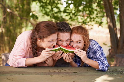 Buy stock photo Group, park and eating watermelon with food, weekend break and fun with happiness and funny. Sharing fruit, friends and outdoor with nutrition and healthy with wellness and picnic with weekend break