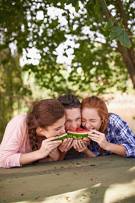 Buy stock photo Park, friends and eating watermelon with food, bonding together and weekend break with happiness and funny. Sharing fruit, group or outdoor with nutrition or healthy with wellness, sunshine or summer
