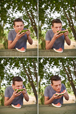 Buy stock photo Teenage boy, park and eating watermelon with grid, hungry and nature with weekend break and picnic. Summer, eating a fruit and person with food and healthy meal with nutrition, relaxing and wellness
