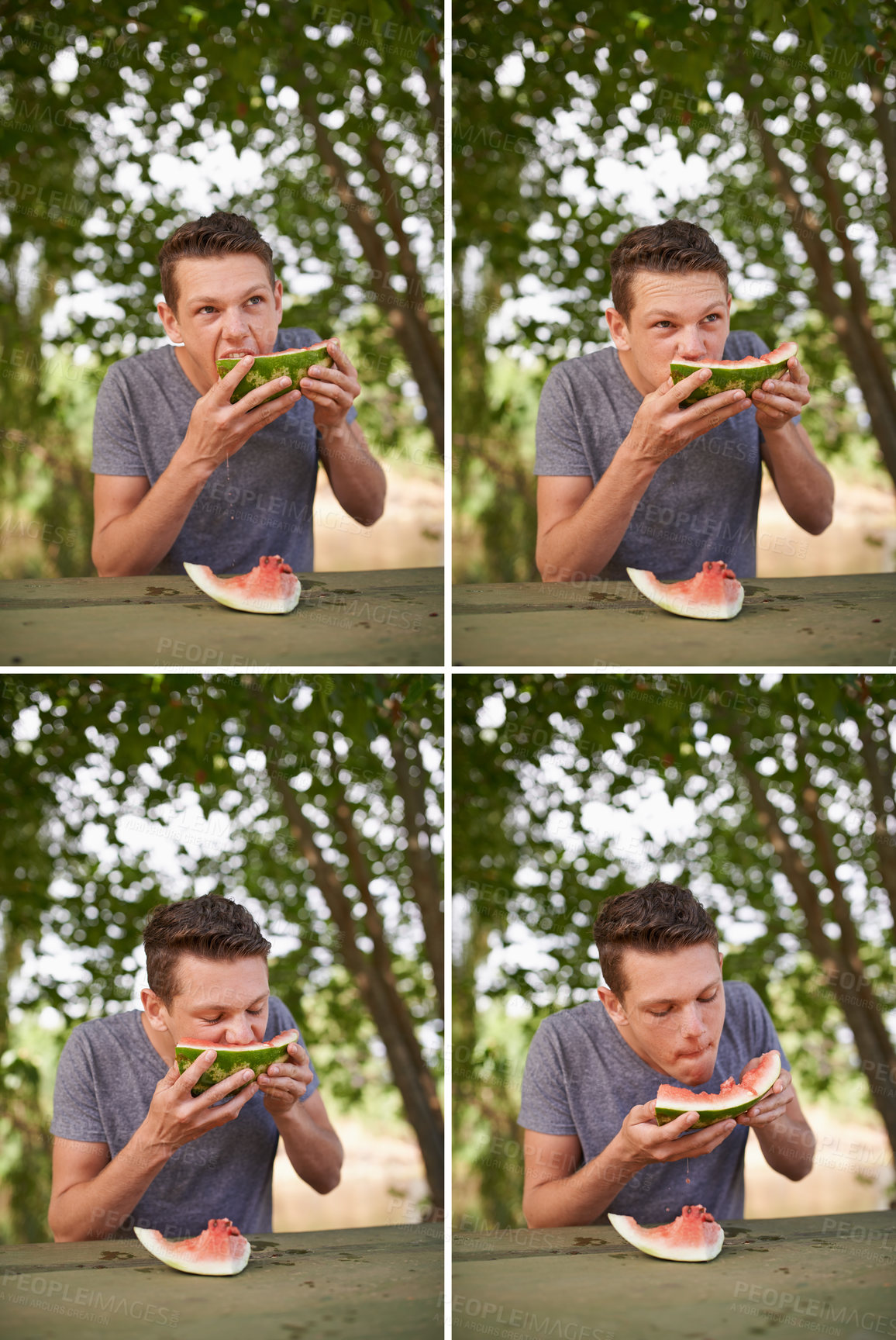 Buy stock photo Teenage boy, park and eating watermelon with grid, hungry and nature with weekend break and picnic. Summer, eating a fruit and person with food and healthy meal with nutrition, relaxing and wellness