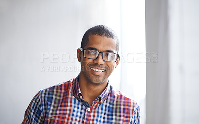 Buy stock photo Cropped portrait of a happy employee at work