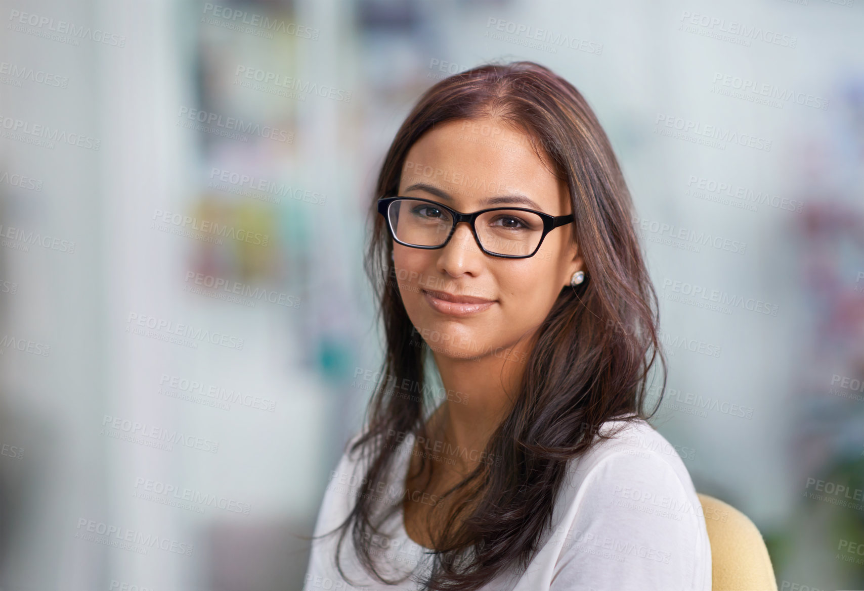 Buy stock photo Business woman smiling and looking happy at her new job, satisfied and ready to provide a public service. Portrait face of a young, attractive smiling female, eager for a new challenge and career