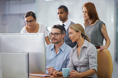 Buy stock photo Group, collaboration and help on computer from team, mentor and training employees in office. People, reading and learning from businessman in company coaching in IT, software or feedback on project